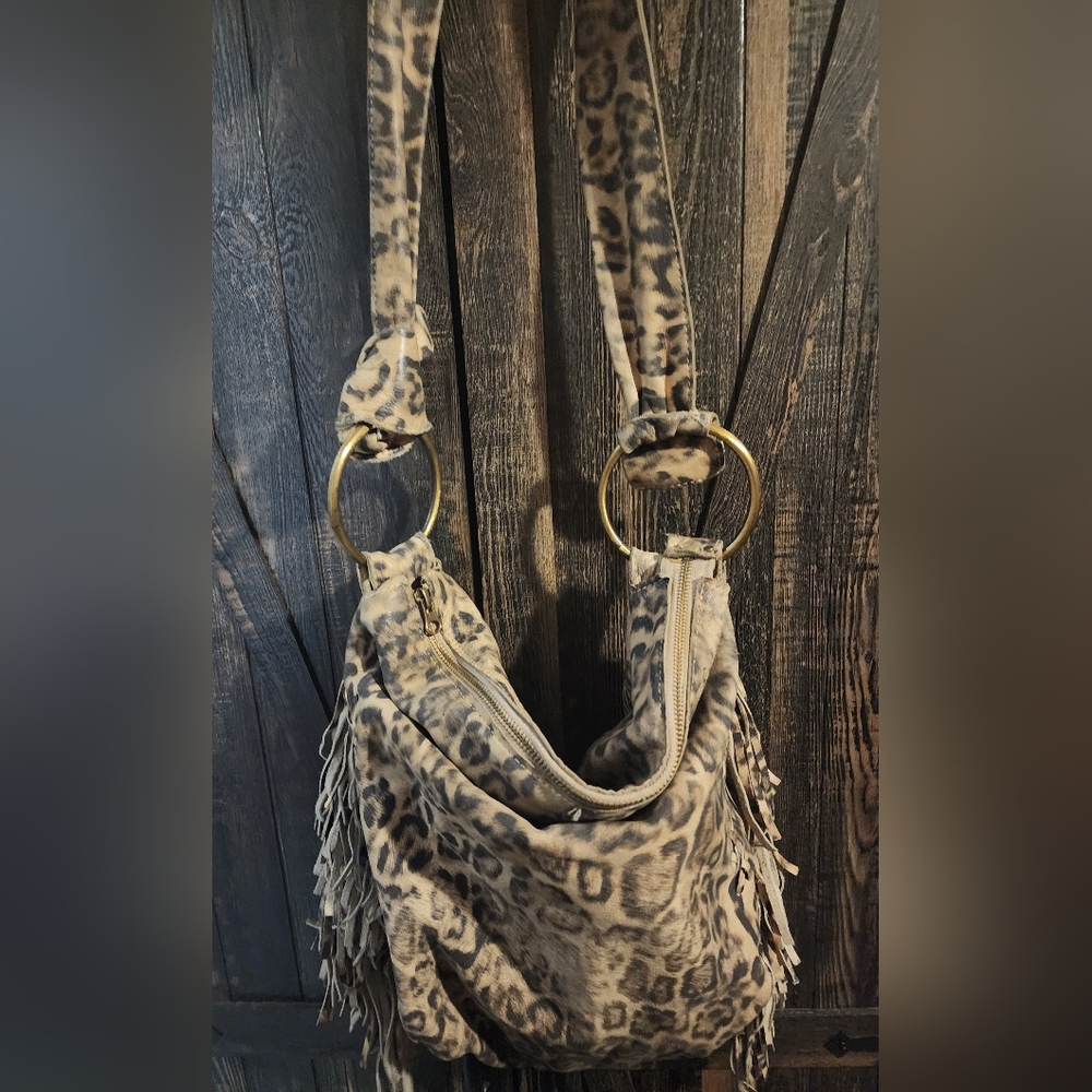 Leather Leopard Print Fringe Women's Bag - Picture 13 of 16